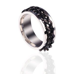 3/$35 NEW Silver Stainless Steel Band Ring Black Chain Design Unisex Men Women